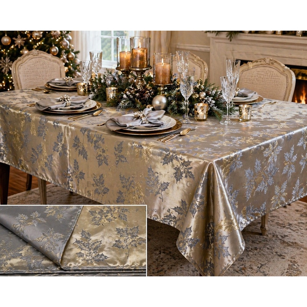 Lenox Holly Tablecloth 60x84 Gold Silver Reversible Christmas Jacquard